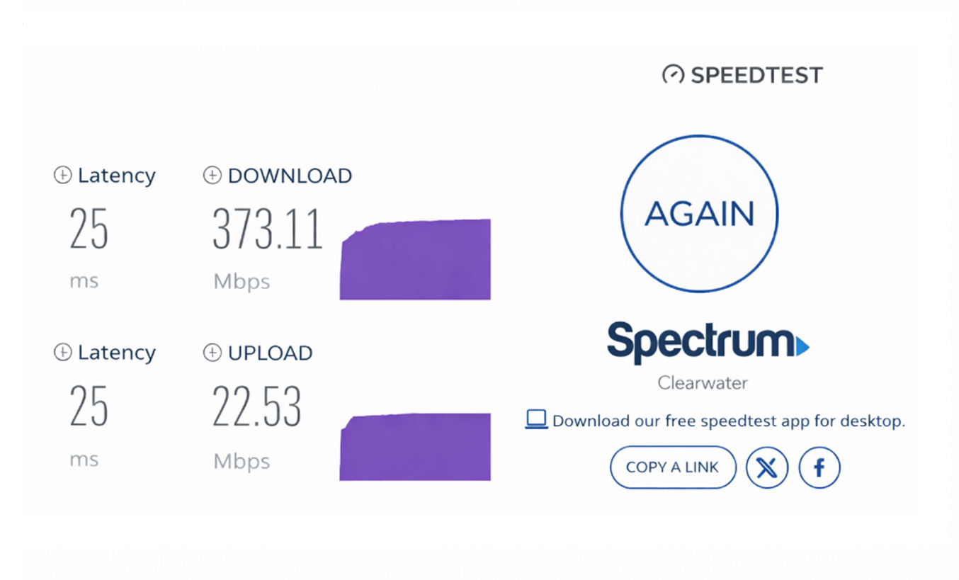 verified speed test result from an AT&T Fiber user in Clearwater, FL