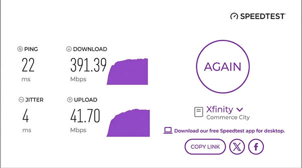 verified speed test result from an Mediacom user in Commerce City, CO