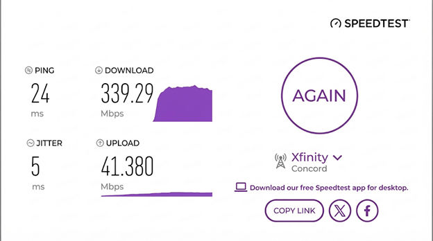 verified speed test result from a Xfinity user in Concord, NH