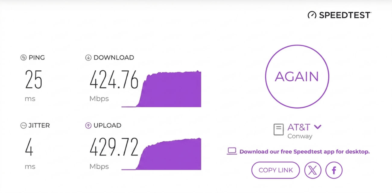 verified speed test result from an AT&T Fiber user in Conway, AR