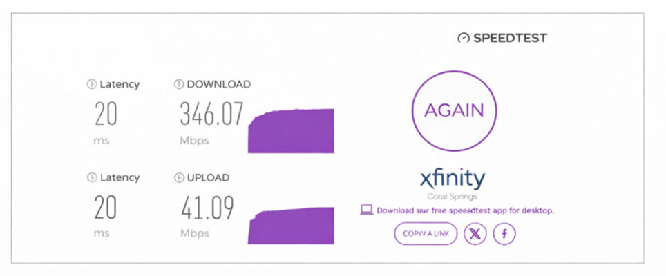 verified speed test result from a Xfinity Internet user in Coral Springs, FL