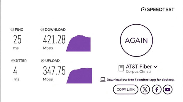 verified speed test result from an AT&T Fiber Internet user in Corpus Christi, TX