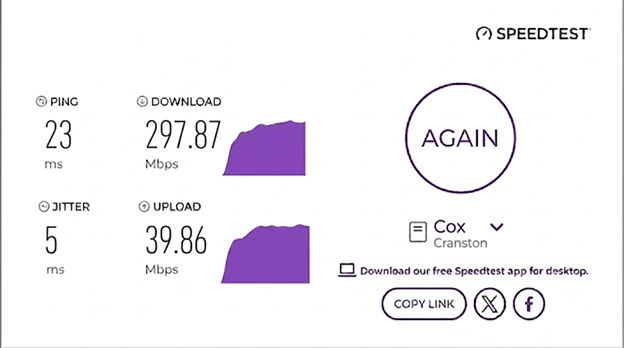 verified speed test result from a Cox user in Cranston, RI