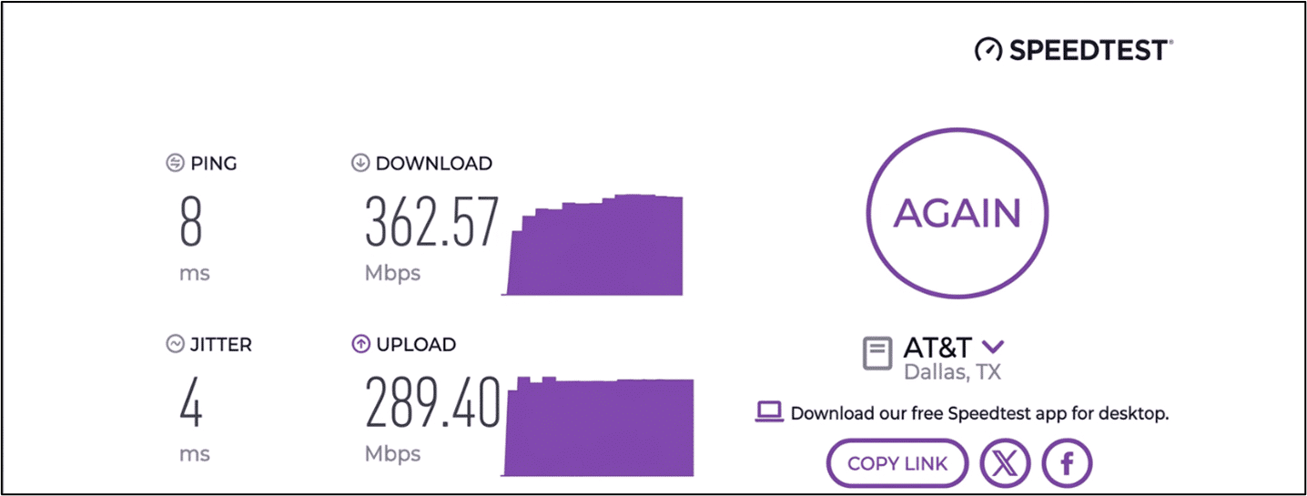 verified speed test result from an AT&T user in Dallas, TX