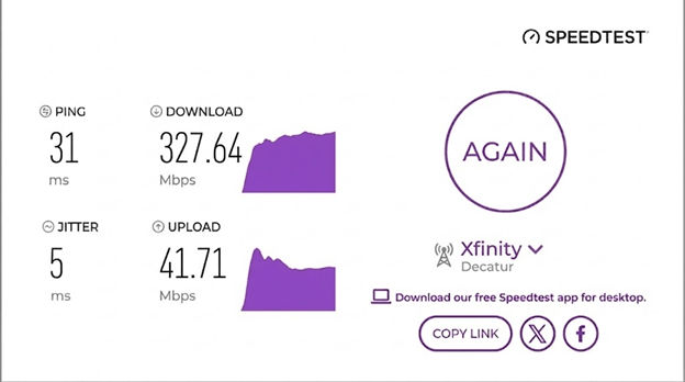 verified speed test result from an Mediacom user in Decatur, IL