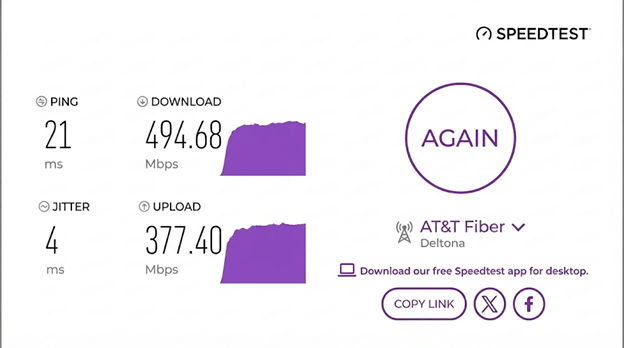 verified speed test result of an AT&T Fiber user in Deltona, FL
