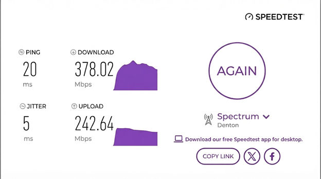 verified speed test result of a Spectrum user in Denton, TX