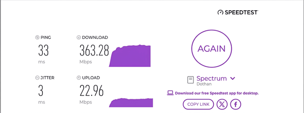 verified speed test result from an Mediacom user in Dothan, AL