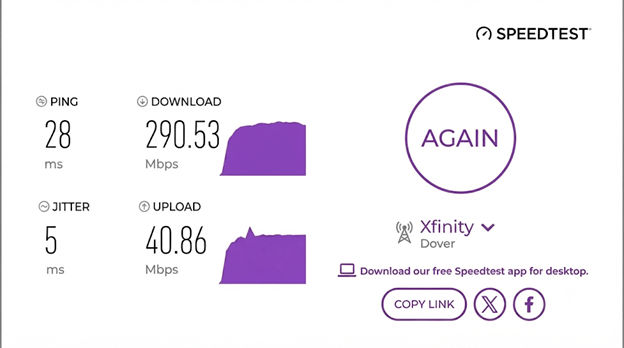 verified speed test result from an Xfinity subscriber in Dover, DE