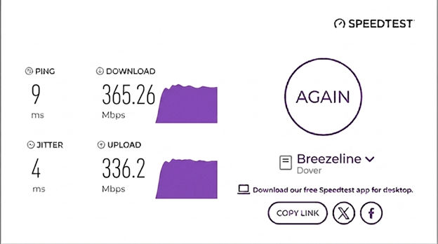 verified speed test result from a Breezeline user in Dover, NH