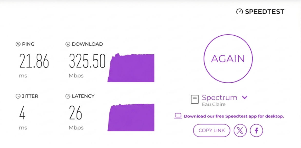 verified speed test result from a Spectrum Internet user in Eau Claire, WI