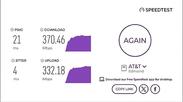 verified speed test result from an AT&T Fiber user in Edmond, OK