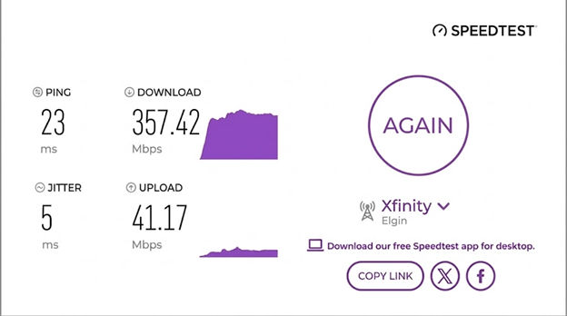 verified speed test result from an Mediacom user in Elgin, IL