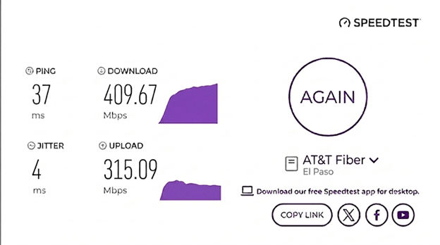 verified speed test result from an AT&T Fiber user in  El Paso, TX