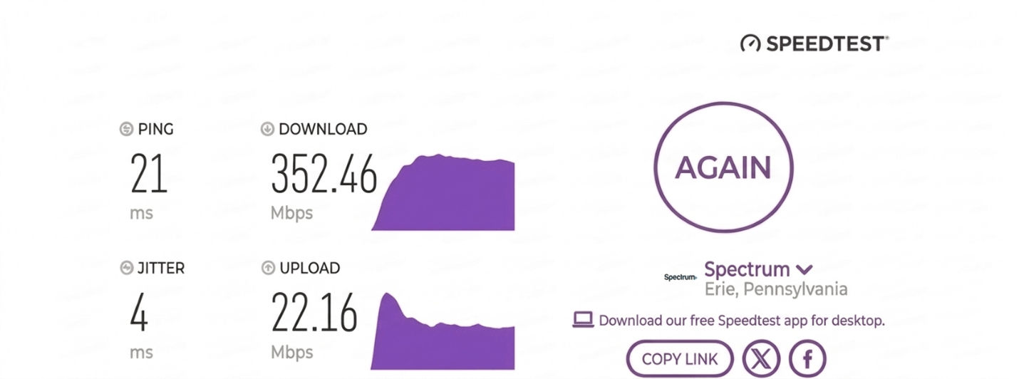 verified speed test result from an AT&T Fiber user in Erie, PA
