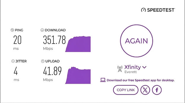 verified speed test result from an Xfinity user in Everett, WA