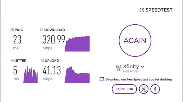 verified speed test result from an Xfinity user in Fall River, MA