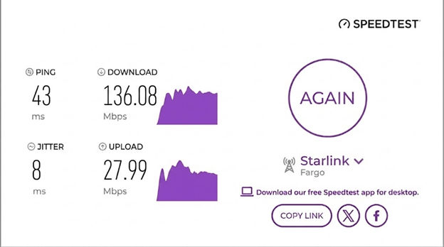 verified speed test result from a Starlink internet user in Fargo, ND