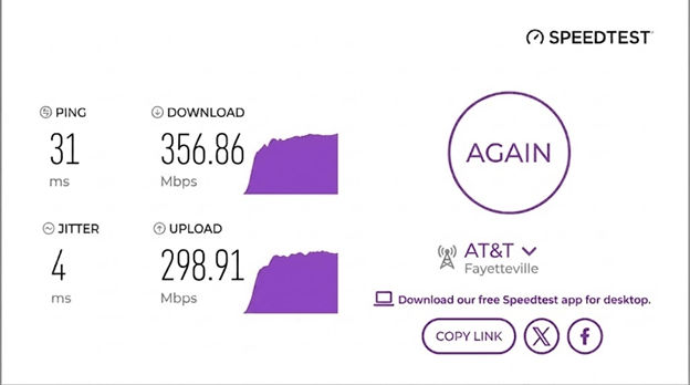 verified speed test from an AT&T Fiber user in Fayetteville, AR