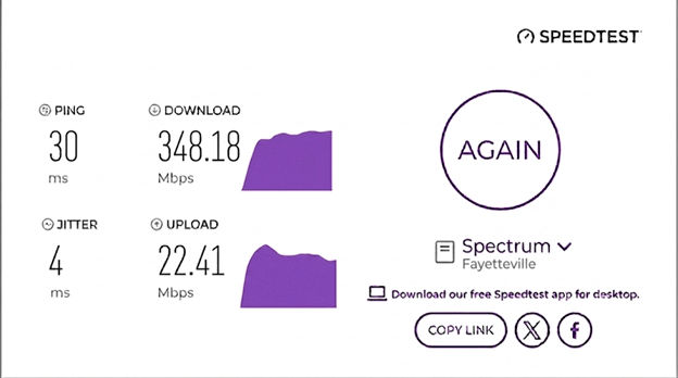 verified speed test from a Spectrum user in Fayetteville, NC