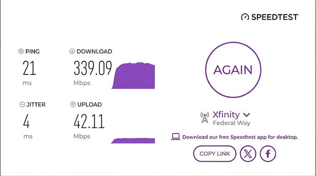 verified speed test result of an Xfinity user in Federal Way, WA