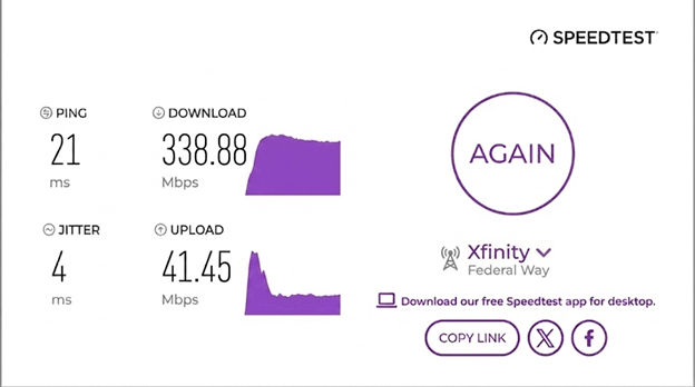 verified speed test result from an Xfinity user in Federal Way, WA