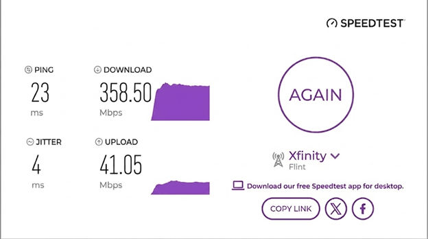 verified speed test result from an AT&T Fiber user in Flint, MI