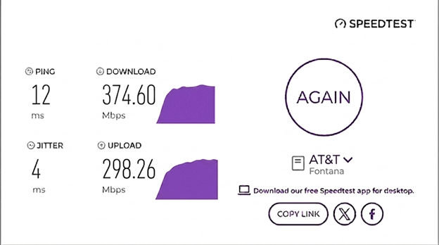verified speed test from an AT&T Fiber user in Fontana