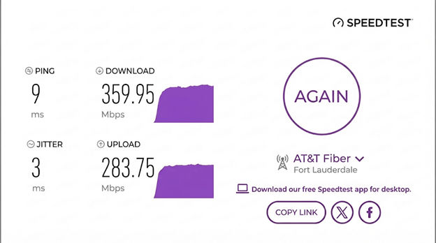 verified speed test result from an AT&T Fiber user in Fort Lauderdale, FL