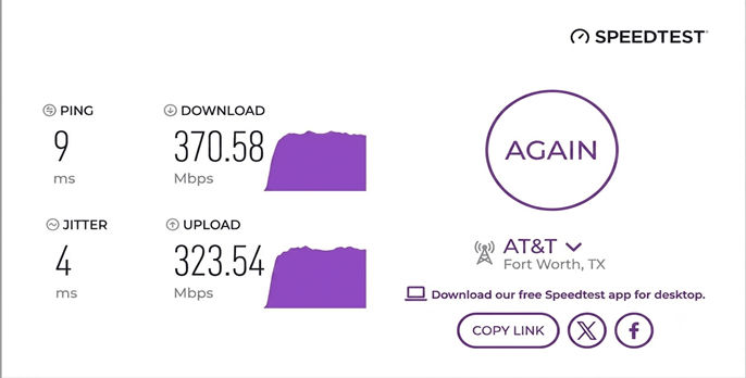 verified speed test result from an AT&T user in Fort Worth, TX