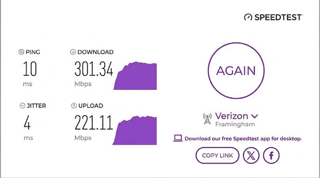 verified speed test result from a Verizon Fios user in Framingham, MA