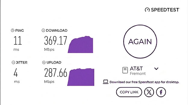 verified speed test from an AT&T Fiber user in Fremont