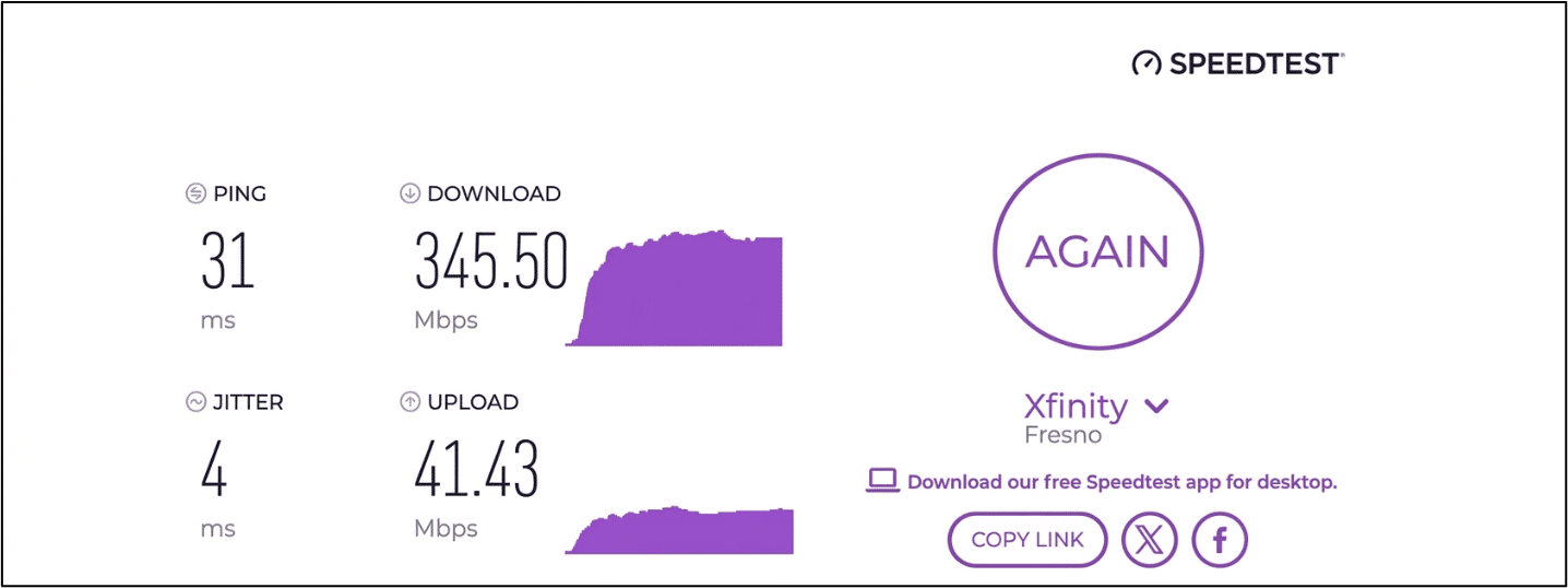 verified speed test result from a Xfinity Internet user in Fresno, CA
