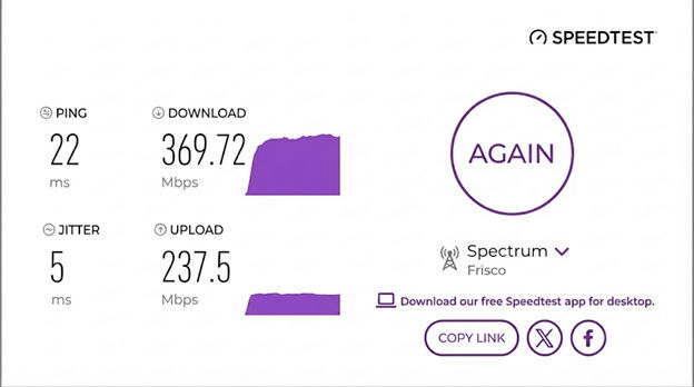 verified speed test result of a Spectrum user in Frisco, TX