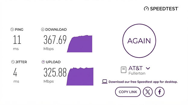 verified speed test result from a an AT&T Fiber user in Fullerton, CA