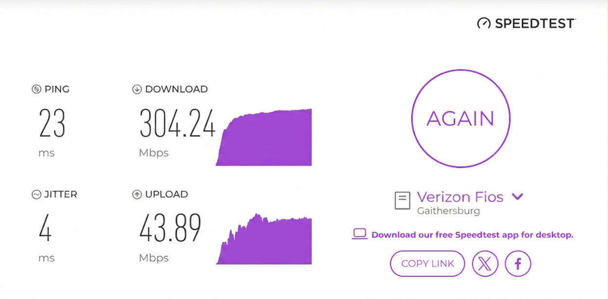 verified speed test result from a Verizon Fios user in Gaithersburg, MD