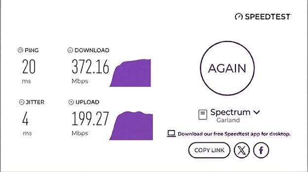 verified speed test result from a Spectrum user in Garland, TX