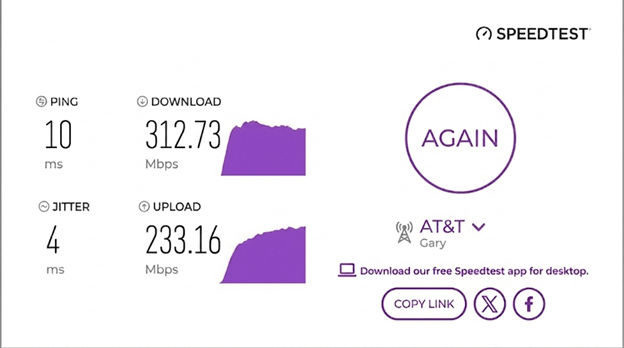 verified speed test result from an AT&T Fiber user in Gary, IN