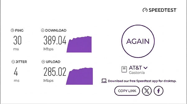 verified speed test result from a Att user in Gastonia, NC