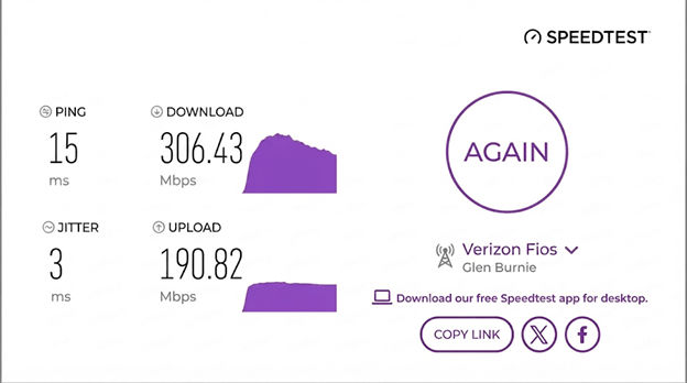 verified speed test result from a Verizon Fios user in Glen Burnie, MD