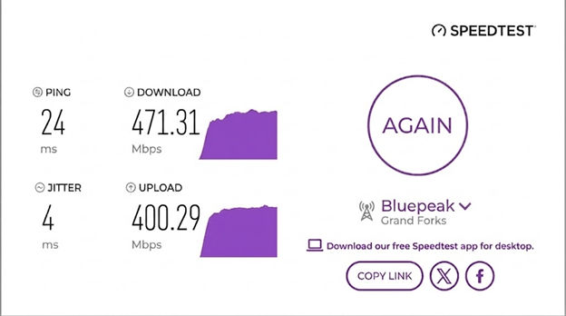 verified speed test result from a Bluepeak Internet user in Grand Forks, ND