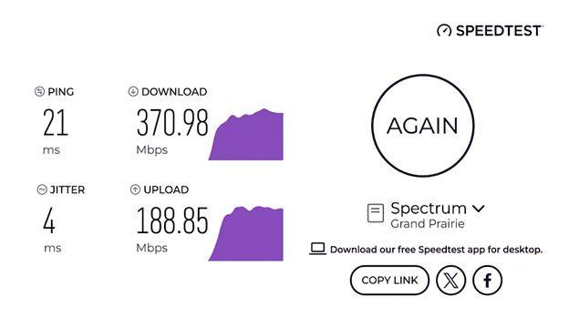 verified speed test result from a Spectrum user in Grand Prairie, TX