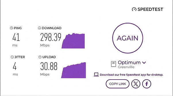verified speed test from an Optimum user in  Greenville, NC