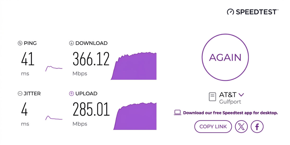 verified speed test result from an AT&T Fiber user in Gulfport, MS
