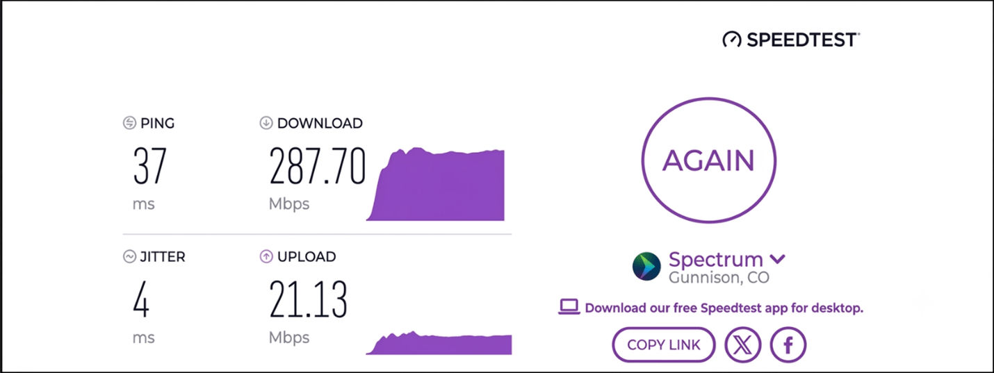 verified speed test result from a Spectrum user in Gunnison, CO