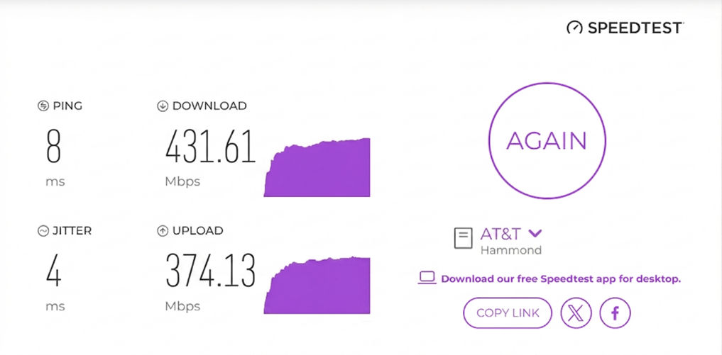 verified speed test result from an AT&T user in Hammond, IN