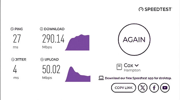 verified speed test from a Cox Internet user in Hampton, VA