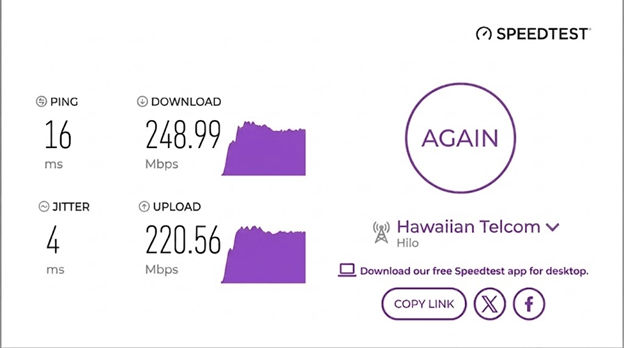 verified speed test result from a Hawaiian Telcom user in Hilo, HI