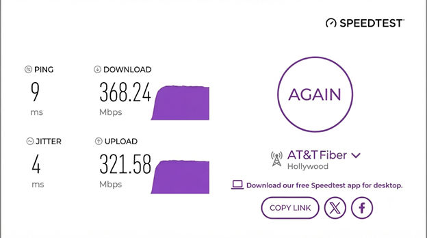 verified speed test result from an AT&T Fiber user in Hollywood, FL