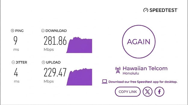verified speed test result from a Hawaiian Telcom fiber user in Honolulu, HI